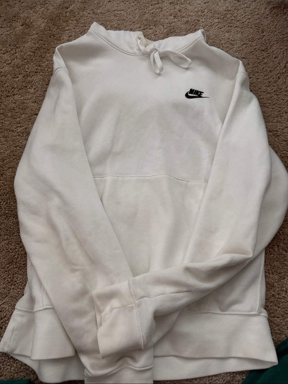 Nike White Pullover Hoodie with Black Swoosh Logo with a bit of yellow staining